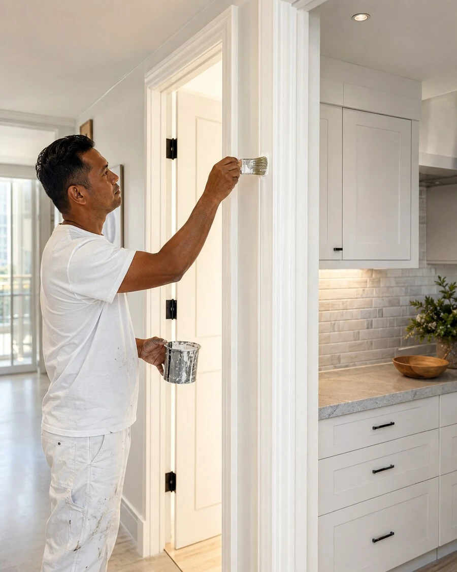 Painter carefully finishing white trim, doors, and cabinetry in a bright coastal-style Waikīkī interior