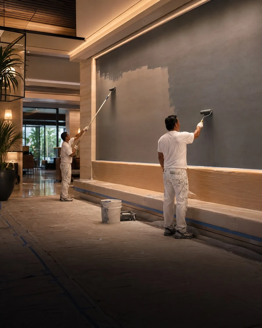 Painting crew refreshing a clean modern retail or office interior in Waikīkī with light coastal colors