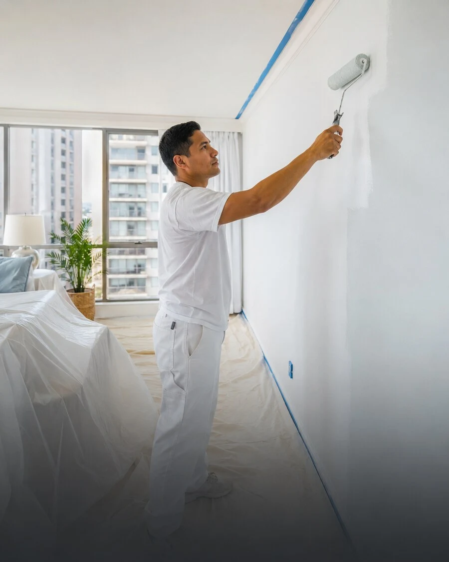 Professional painter applying a fresh light-blue wall finish inside a sunlit Waikīkī condominium