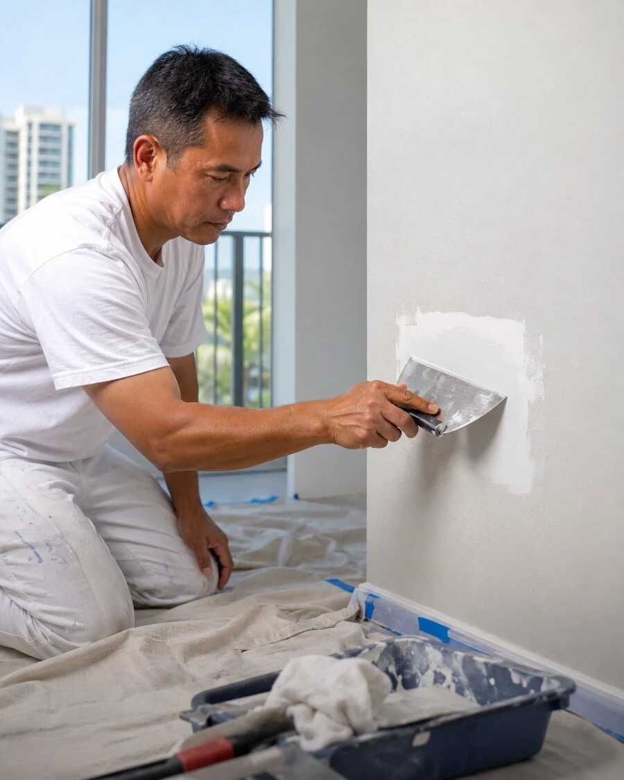 Detailed patching, sanding, and surface preparation before painting a condominium wall in Waikīkī